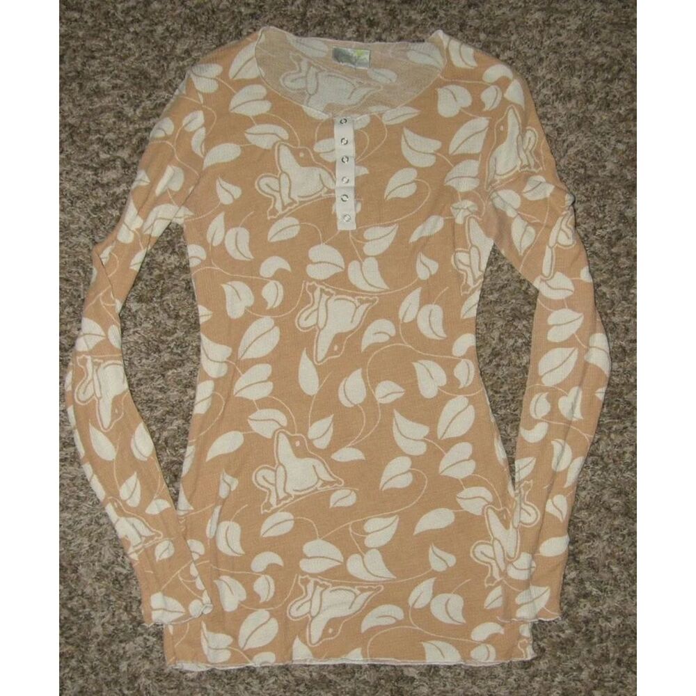 PORRIDGE Light Brown Frog Leaf Print Sz Small Stretchy Lightweight Thermal Shirt